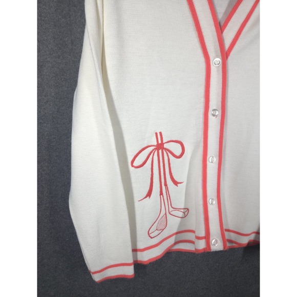 Vtg Preppy Golf Club Cardigan Cream Sweater Pink Trim Bow Embroidery Retro - Picture 3 of 8